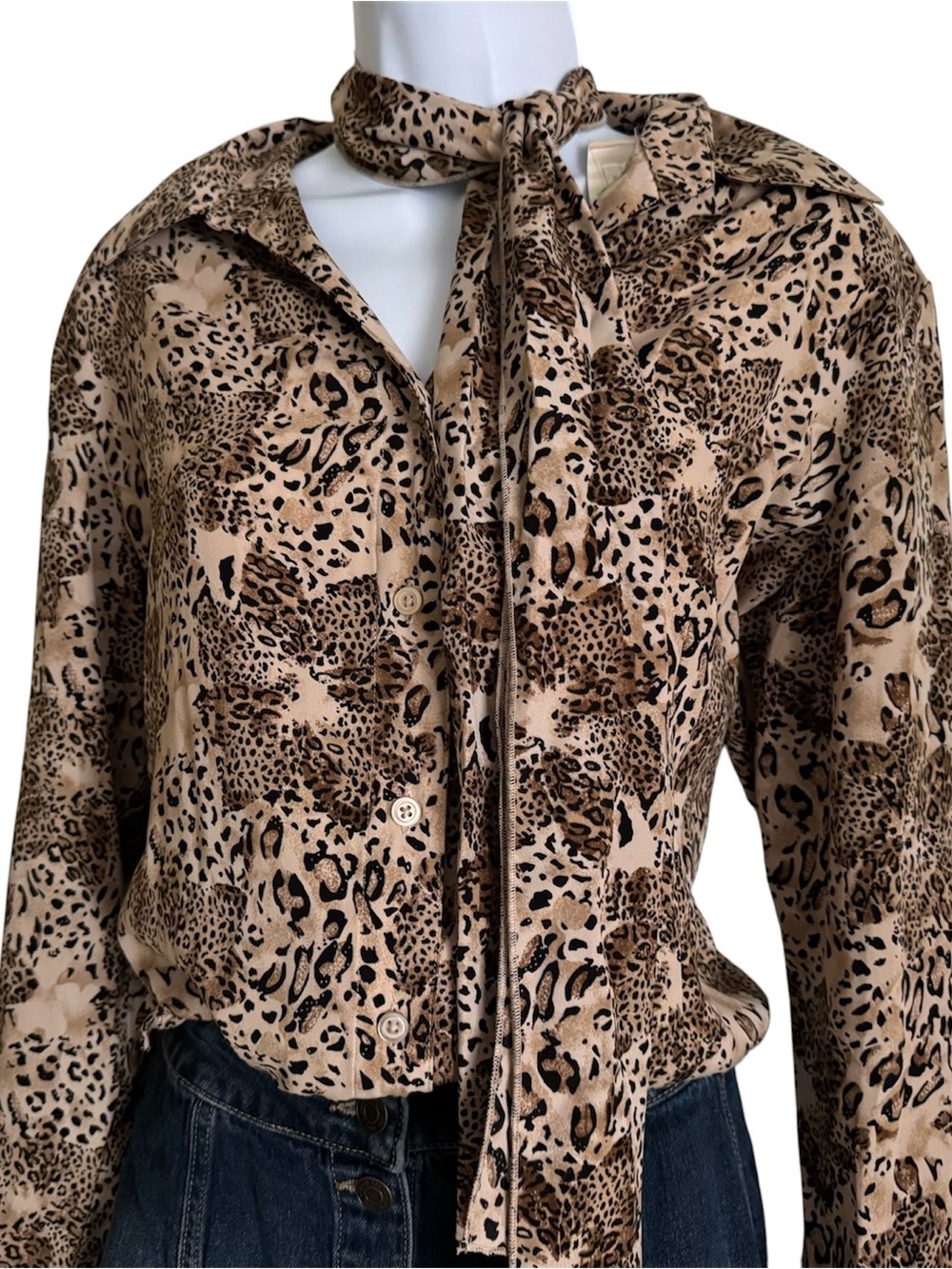 Vintage 90s White Stag Leopard Cheetah Top w/ Built In Scarf L NWT